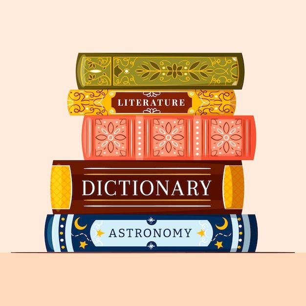 stack of books with dictionary, astronomy, and other colorful books as a vector graphic