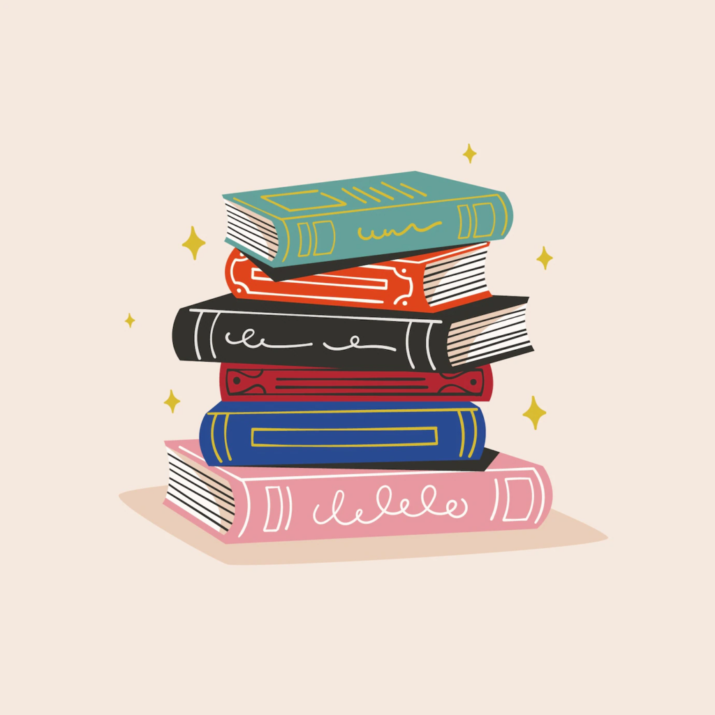 illustration of several colorful books staked on top with sparkles around them